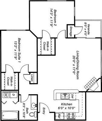 Floor plan for 2 beds, 1 bath, 941 sqft